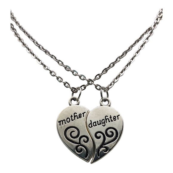 2 Piece Silver Black Mother Daughter Heart Necklaces Set Gift Box - Picture 1 of 4